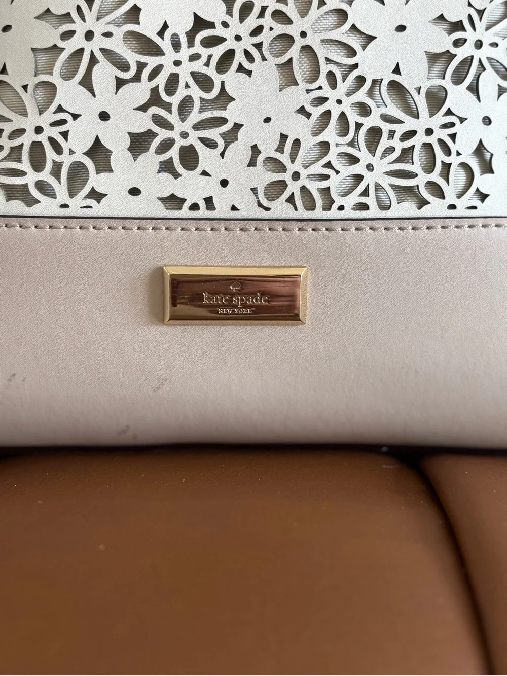 kate spade Cream Laser-Cut Floral Tote with Pale Pink Trim